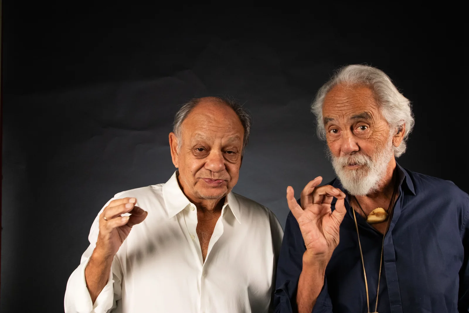 Cheech Marin and Tommy Chong mid-conversation (official brand photography)